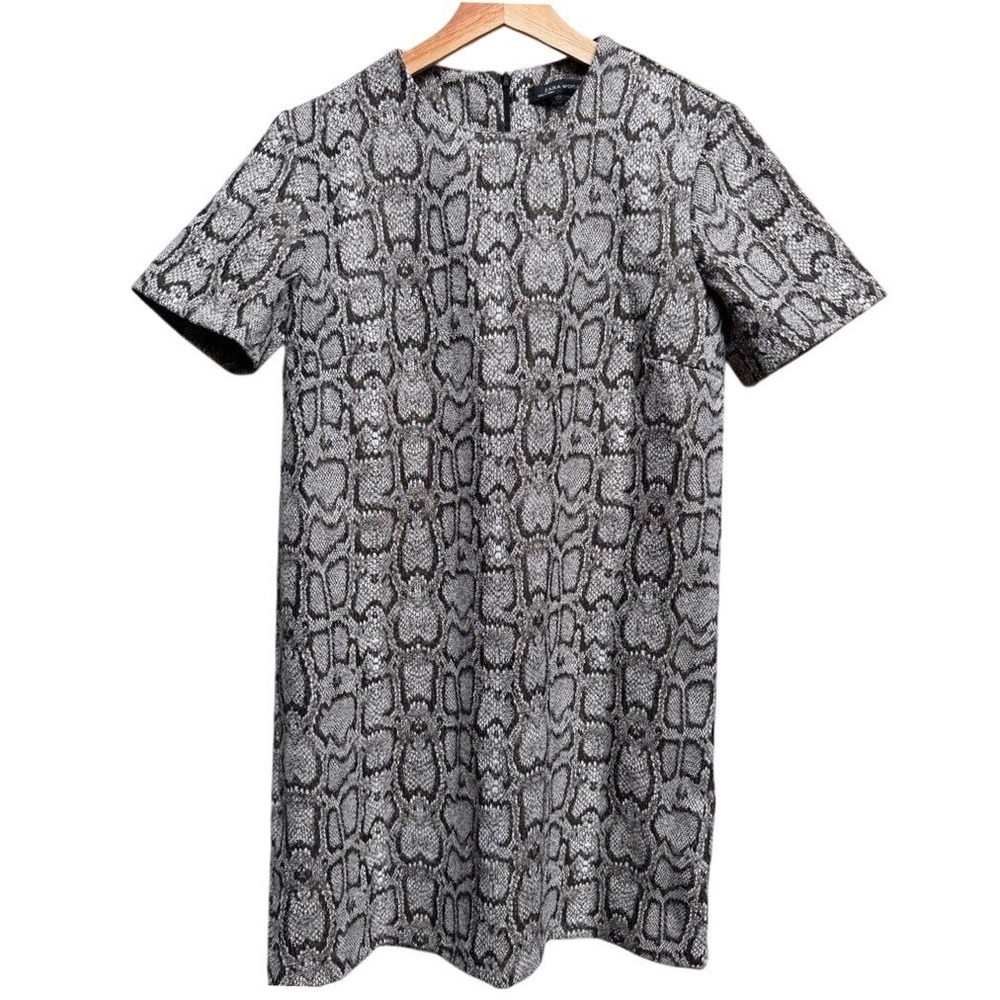 Zara Woman Crew Neck Gray Animal Print Mini Shift Dress Sm Neutral Minimalist